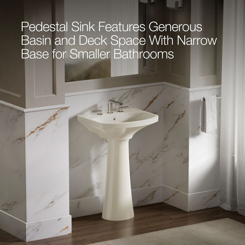 Cimarron® 26.81" Vitreous China U-Shape Pedestal Bathroom Sink with Overflow, White, 8'' Centers