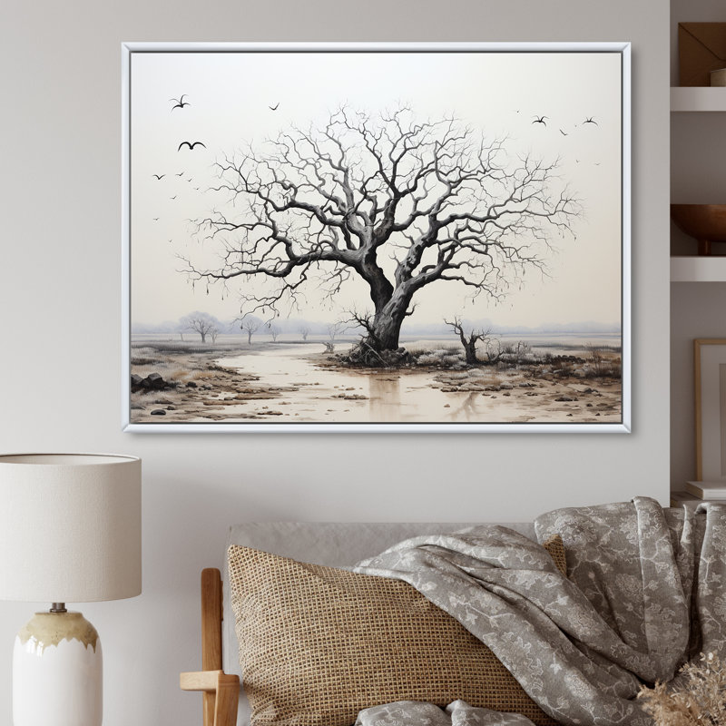 " Grey Minimalism Baobab Tree III ", 12" H x 20" W x 1" D, White Floater Frame