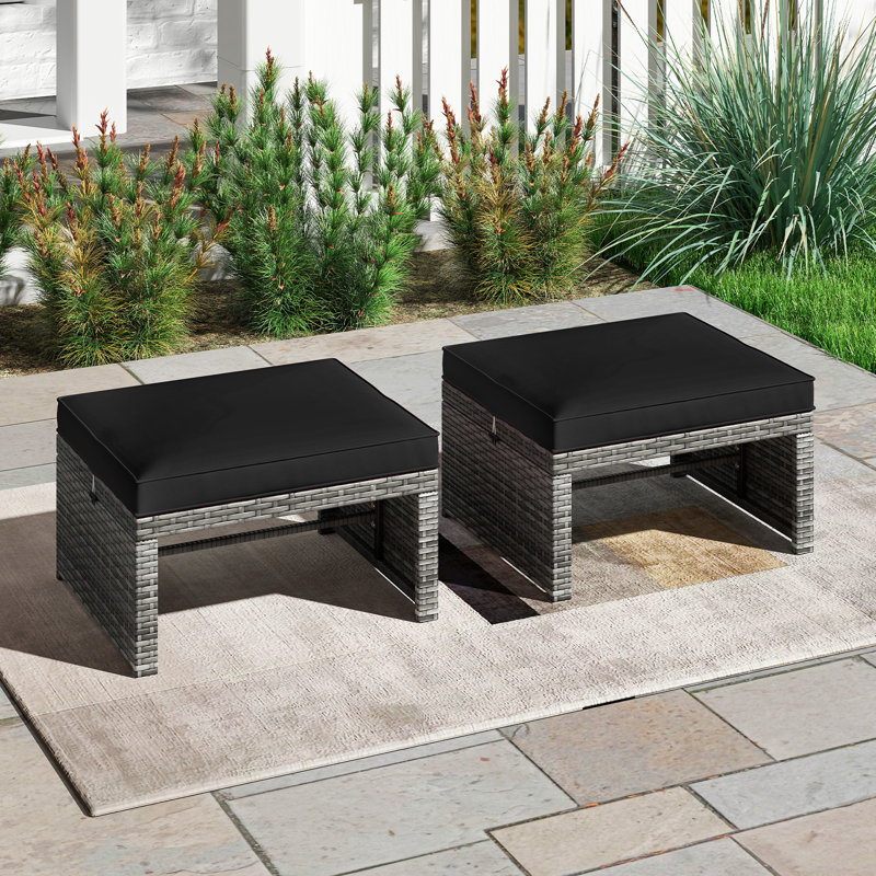Ensemble de 2 repose-pieds en rotin PE avec coussins à fermeture à glissière doux pour terrasse, 2 pièces, Noir