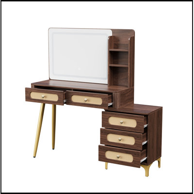 Miroir de maquillage avec coiffeuse, 5 tiroirs et tablette de rangement