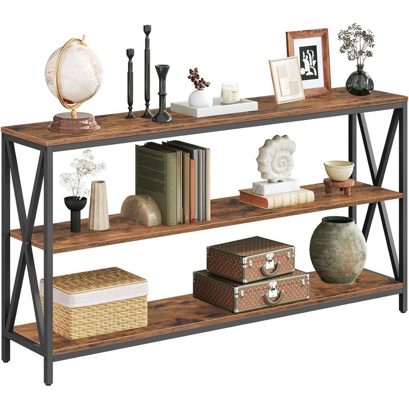 Industrial Console Table With 3-Tier Open Shelves, Narrow Sofa Table For Entryway, Hallway, Living Room, Bedroom, Rustic Brown Finish, Sturdy Metal Frame And Engineered Wood Construction