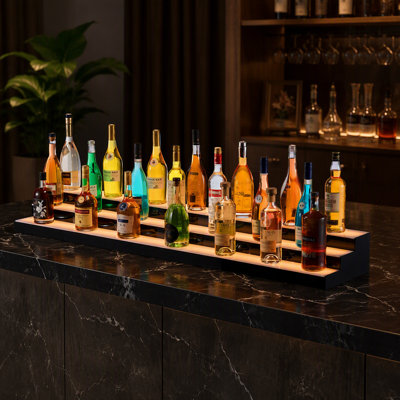 60-inch three-tier acrylic LED illuminated wine rack, RF remote control via app, self-assembly, holds 45-60 bottles of wine.