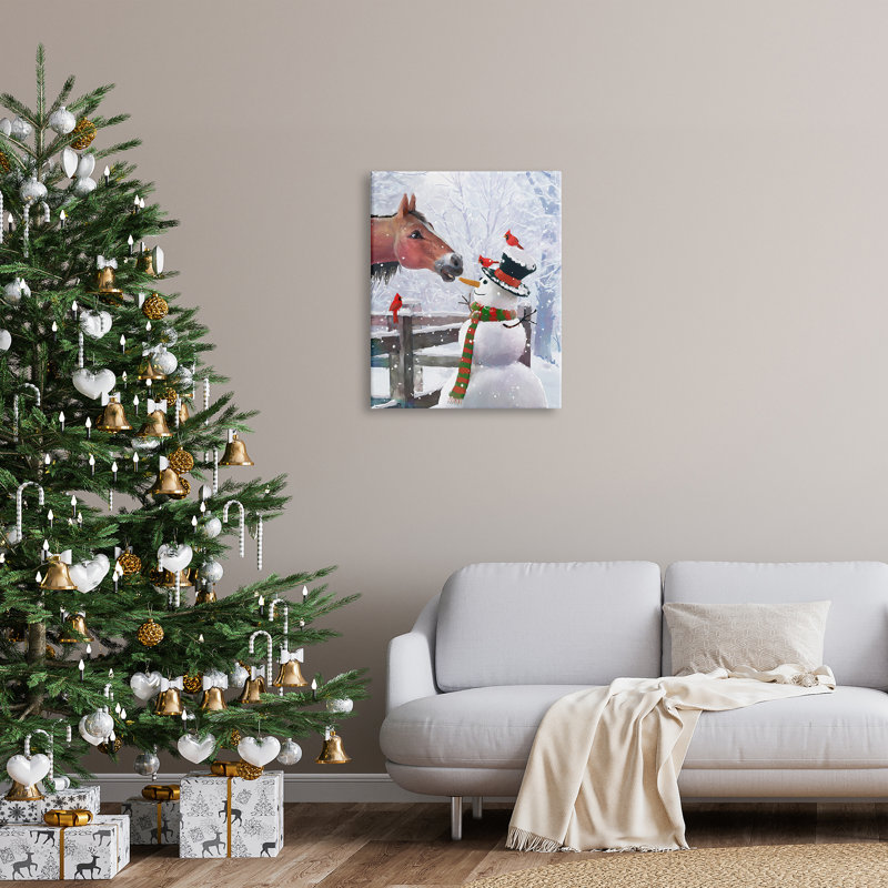 Cheval mangeant un bonhomme de neige, scène de carotte sur toile, H 30 po x l 24 po x P 1,5 po