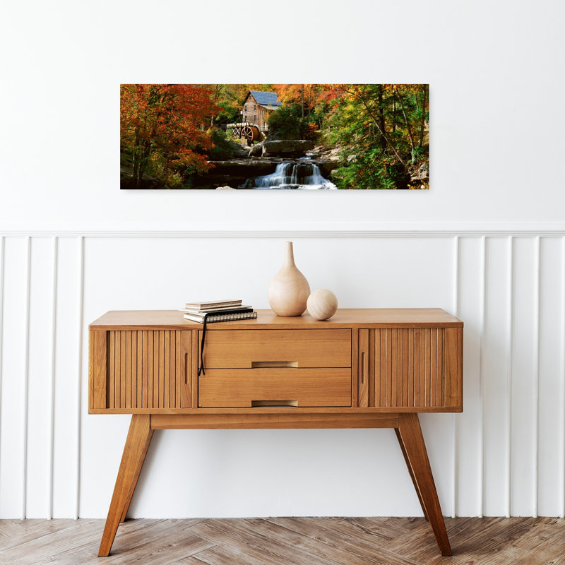 Panoramic Of Glade Creek Grist Mil And Autumn Reflections And Waterfall In Babcock State Park WV by J Sohm/VOA LLC - Wrapped Canvas Panoramic Print