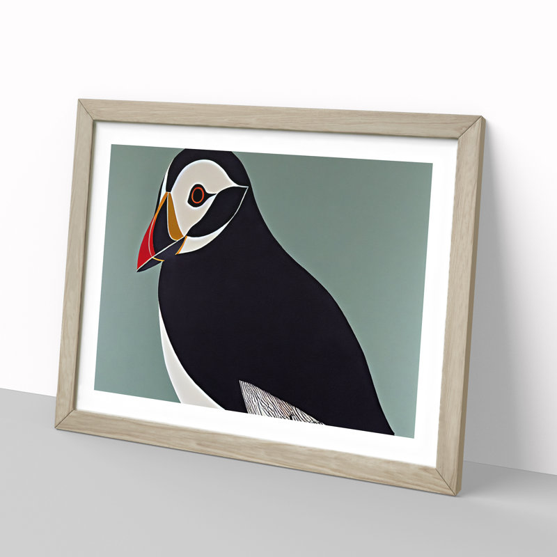 XH1022-6834X Peaceful Puffin Bird Abstract - Picture Frame Print, 46cm H x 64cm W x 2cm D, Oak Framed