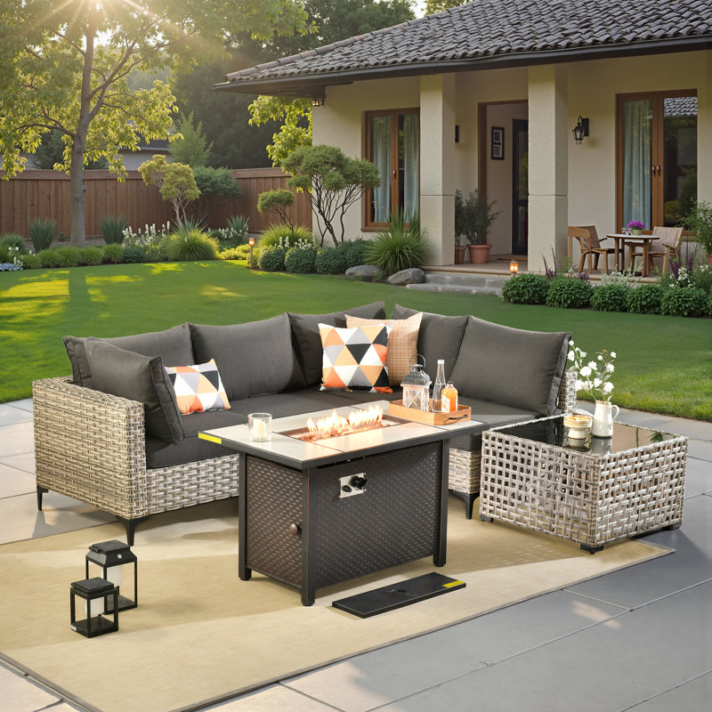 Emroy 4 - Person Wicker/Rattan Sectional Seating Group with Lighted Coffee Table, All Weather Modular Outdoor Conversation Set with Cushions