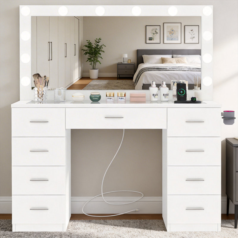 Grand meuble-lavabo de maquillage avec luminosité réglable à 3 modes et prise de courant, bureau de coiffeuse avec 9 tiroirs et bureau en verre