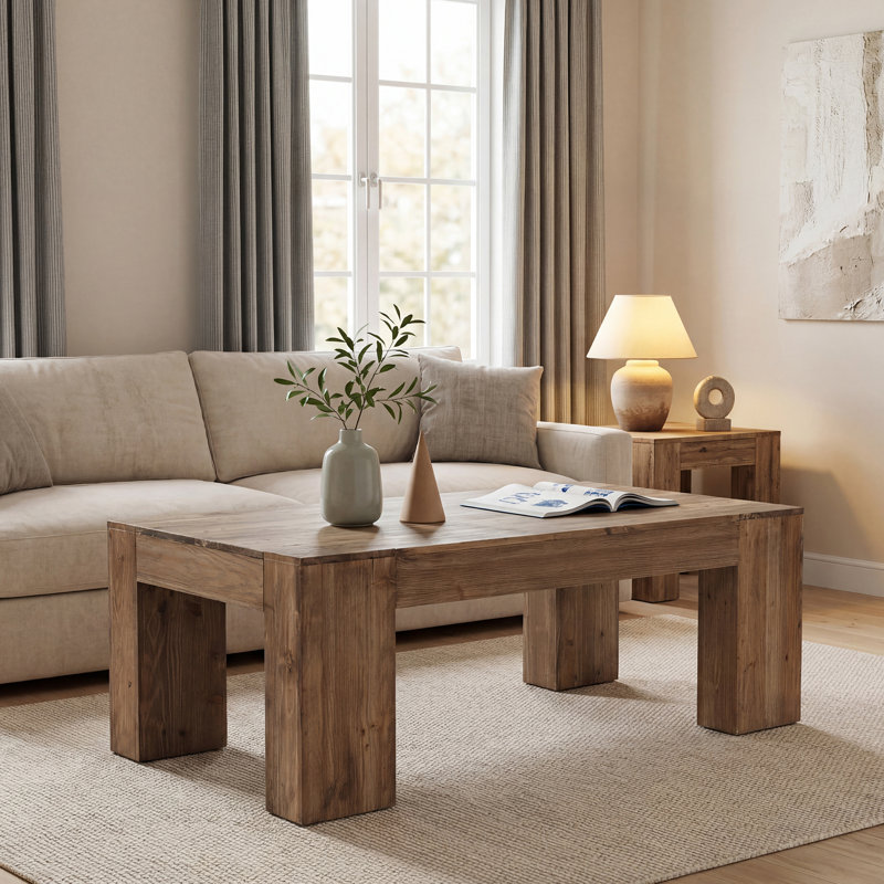 55" Large Solid Wood Coffee Table for Living Room, Farmhouse Center Table with Heavy-Duty Legs