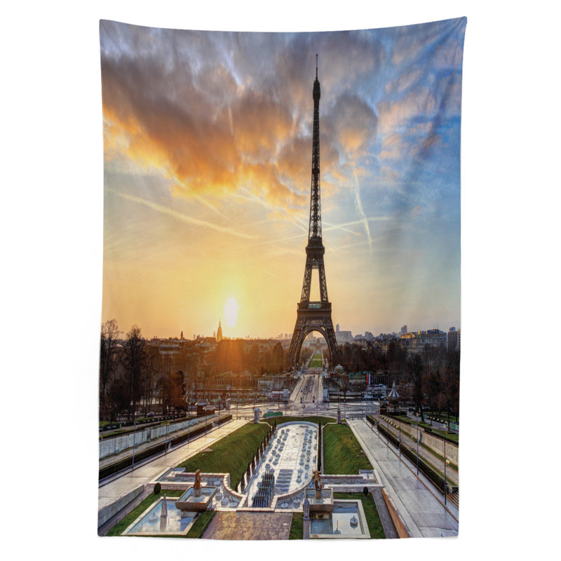 Ambesonne Eiffel Tower Tablecloth, Sunrise In Paris With The Eiffel Tower Holidays Getaways Scenic Print, Rectangular Table Cover For Dining Room Kitchen Decor, 52" X 70", Blue Yellow Coconut