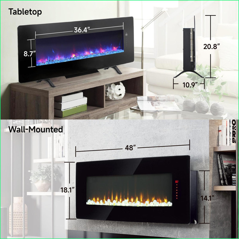 Indoor Fireplaces 48 Inch Curved Front Electric Fireplace with Remote, Multi-Color Flame &amp; Ember Bed | Electric | Wall Mount