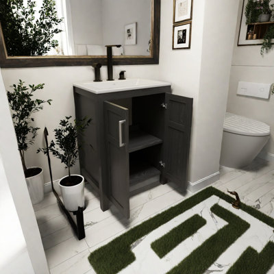 Meuble-lavabo moderne noir avec lavabo en céramique blanche pour salle de bain