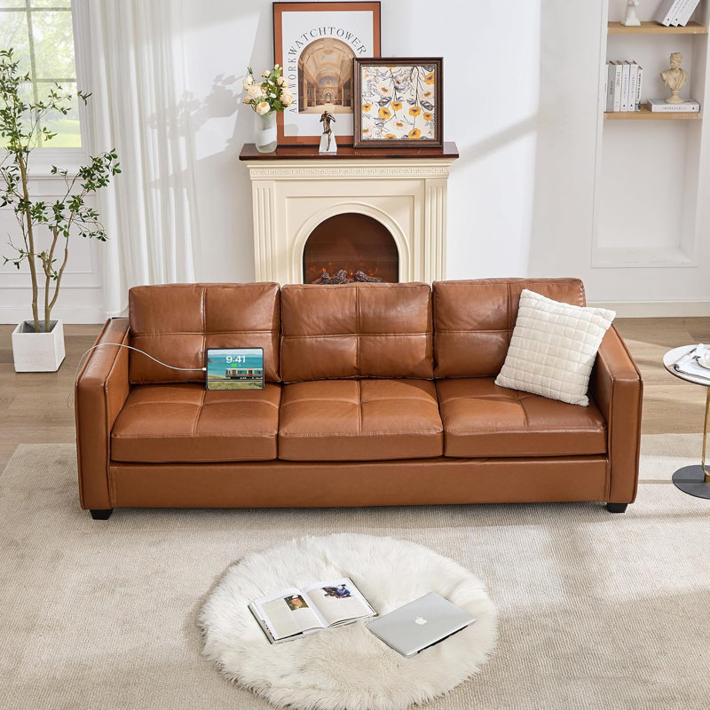 88” W Faux Leather Couch With Square Armrests, Faux Leather - Brown