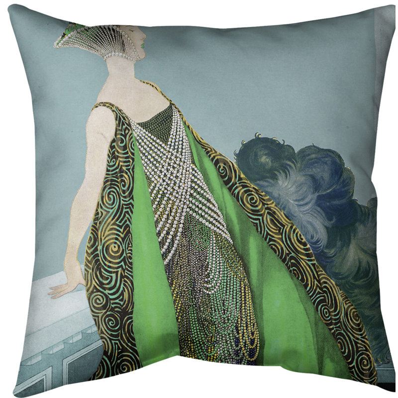 Housse de coussin Art Nouveau, 14 po x 14 po, Bleu / vert, Polyester filé