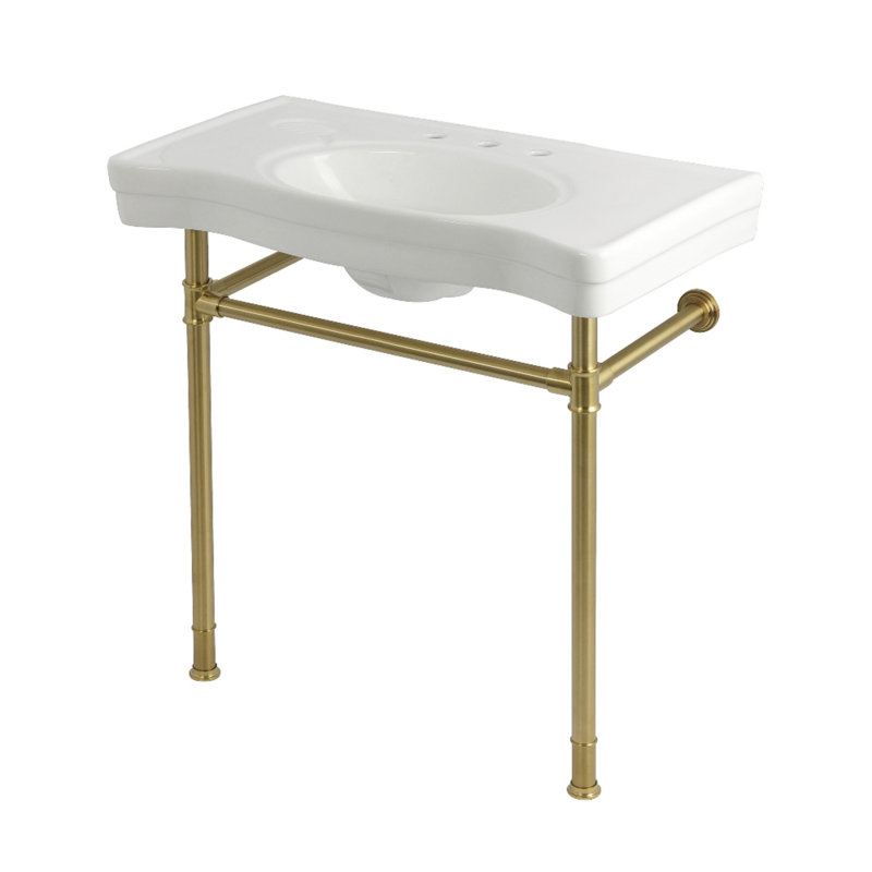 Kingston Brass Imperial 36-Inch Ceramic Console Sink with Stainless Steel Legs (8-Inch, 3-Hole), Brushed Brass