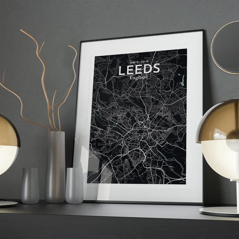Carte de la ville de Leeds, impression, Gris / noir, H 27,6 po x l 19,7 po