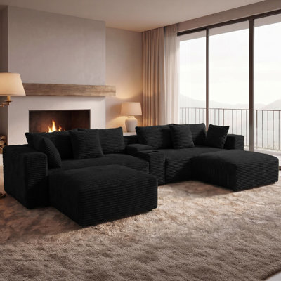 Oversized Corduroy Modular Sectional Sofa With USB Console Cup Holders Storage And Double Chaises