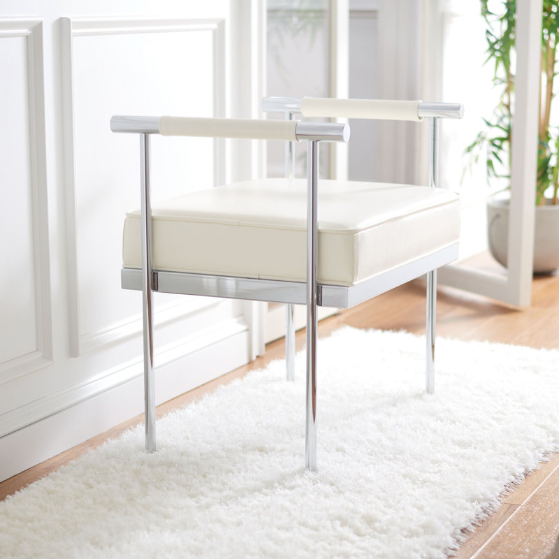 Alishia Faux Leather Upholstered Bench, White/Chrome, 24.75" H x 25.25" W x 17.25" D