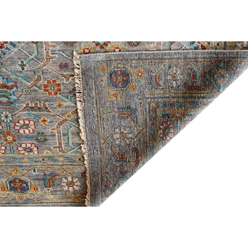 Tapis gris / bleu clair / rouge noué à la main de haute qualité, Rectangle 12 pi x 15 pi