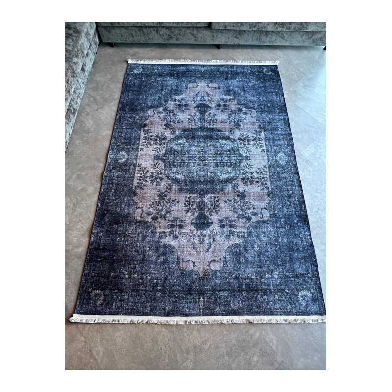 Tapis bleu marine rétro lavable à la machine, Sous-tapis rectangulaire 4 pi 11 po x 7 pi 7 po in