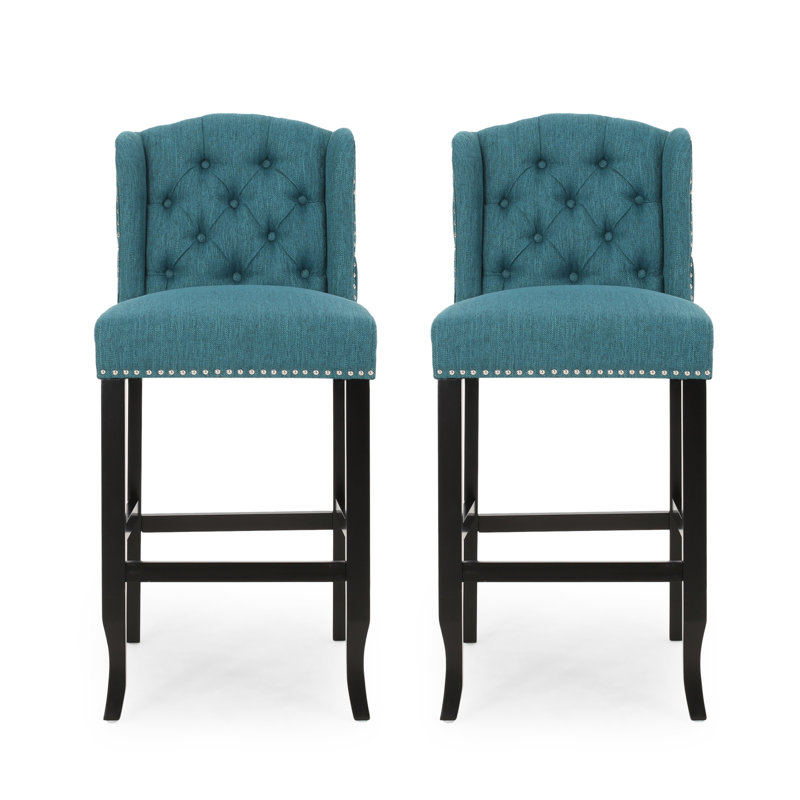 Ensemble de 2 tabourets de bar Seliva, tissu bleu sarcelle, dossier capitonné, bois d'hévéa brun, Sarcelle