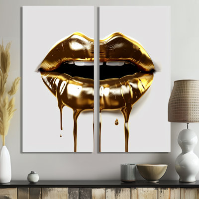 Gold Lips Of Luxury VI - Gold Canvas Wall Art 2 Pieces