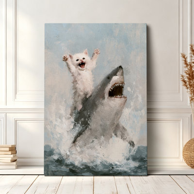  Funny Cat Shark Canvas Wall Art, Whimsical Ocean Animal Painting Decor