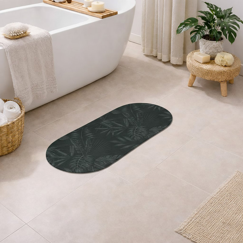 Decorative Runner Bath Mat 40x18 – Ultra Absorbent Quick Dry Rug with Anti-Slip Rubber Backing, Dark Green Leaves