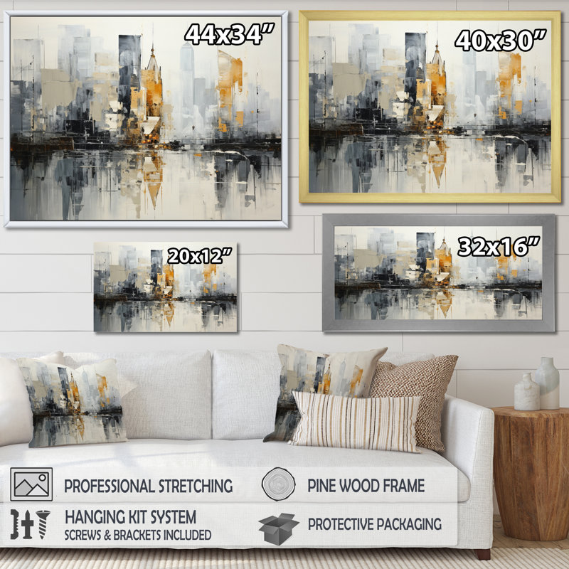 Art urbain sur toile, paysage urbain abstrait, art urbain abstrait IV, H 34 po x l 44 po x P 1,5 po, Cadre flottant noir