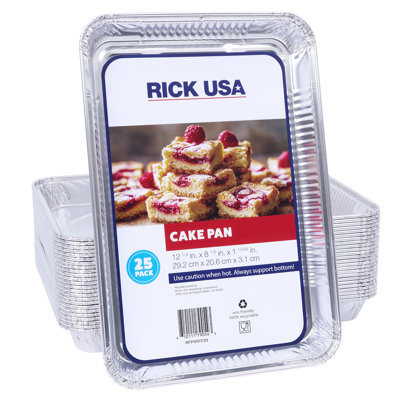 RICK USA: 12x8" Cake Pan - 25 Pack - Disposable Aluminum Foil, Multi-Purpose Baking & Cooking, Durable, Grill-Oven-Freezer-Dishwasher Safe, Recyclable