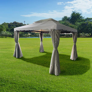 Garden with Curtains & Mosquito Netting – Heavy-Duty Frame, Waterproof Double Roof Patio Canopy 14 Ft. W  x 9.5 Ft. Aluminum Soft-top Patio Gazebo