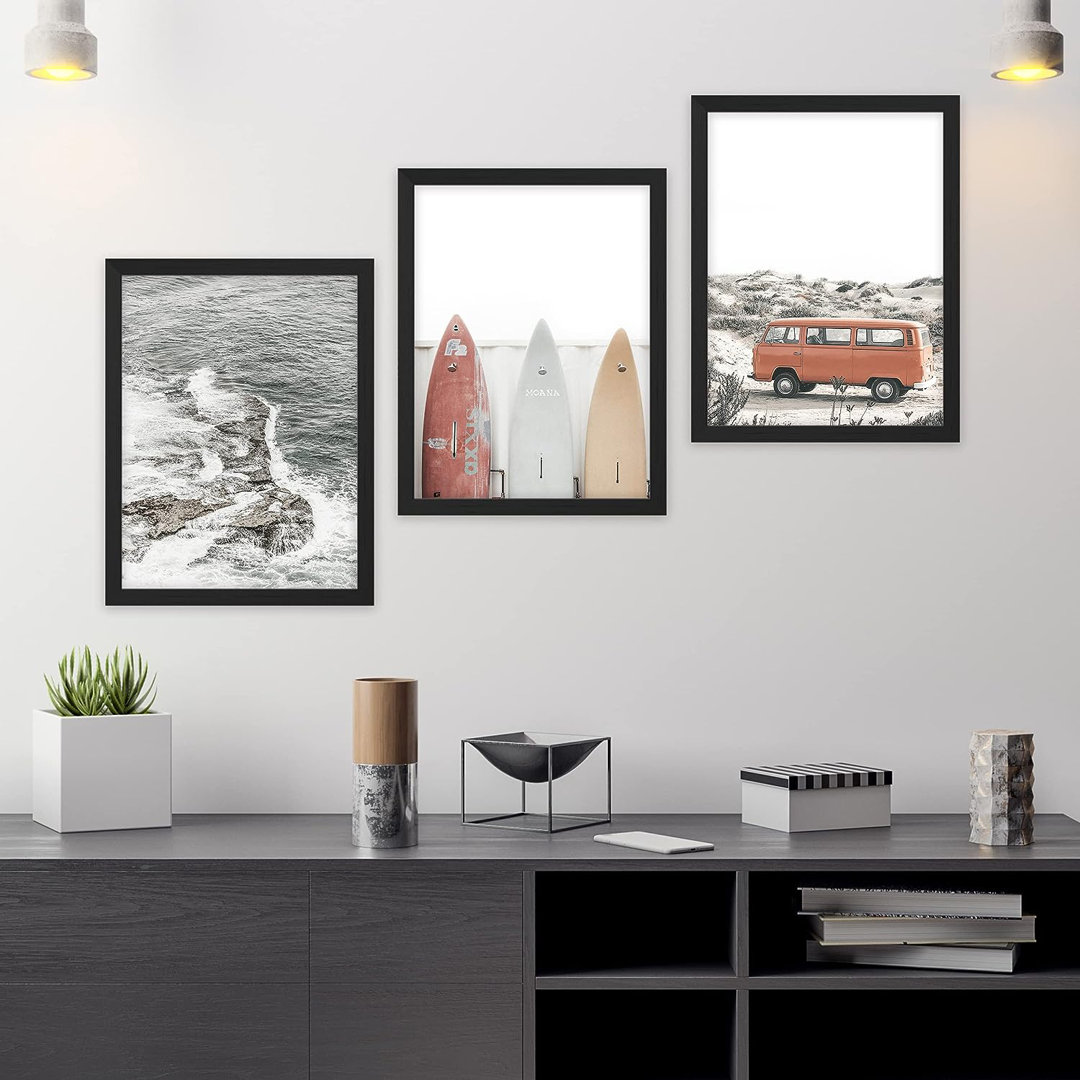 Coastal Beach " Surfboard Beach Wave 1960s Van Wilderness Nature Realism Calm " 3 - Pieces IDEA4WALL Frame 