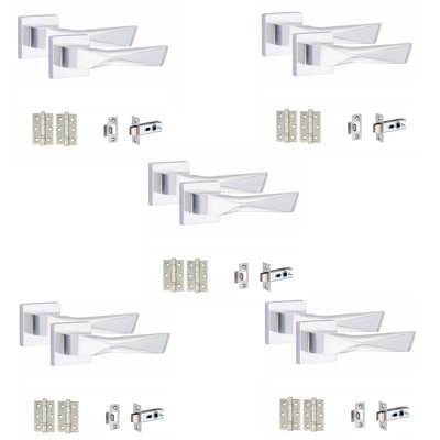 5 Pairs Modern Aura Design Premium Door Handles on Square Rose in Matt Black Finish with 3" Ball Bearing Hinges and 2.5" Tubular Latch
