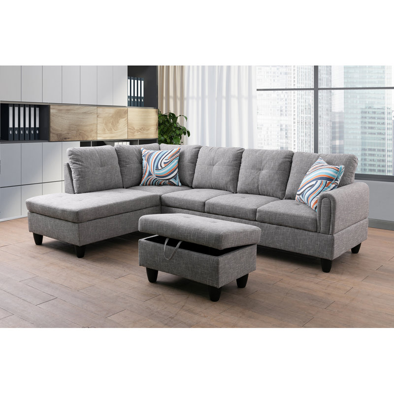 Upholstered L-Shaped Sectional, Off White Linen Blend, Left Hand Facing