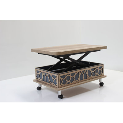 Mid-Century Modern Lift-Top Extendable Rectangle Assembled Coffee Table With Geometric/Trellis Storage