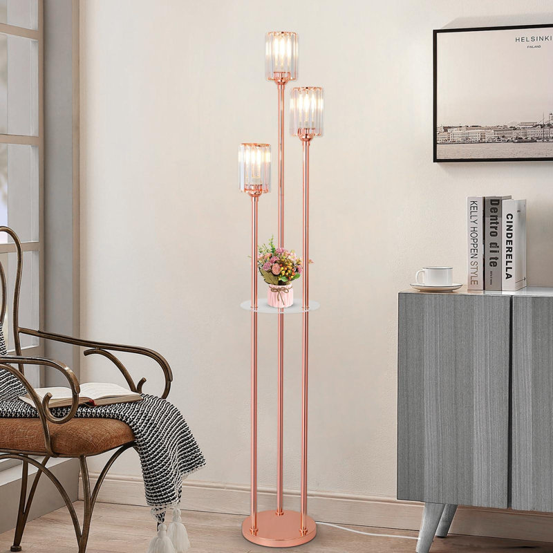 Lampe sur pied pour le salon, lampe sur pied en cristal avec tablettes, lampe d'angle moderne avec interrupteur marche / arrêt, lampe haute unique (rose)