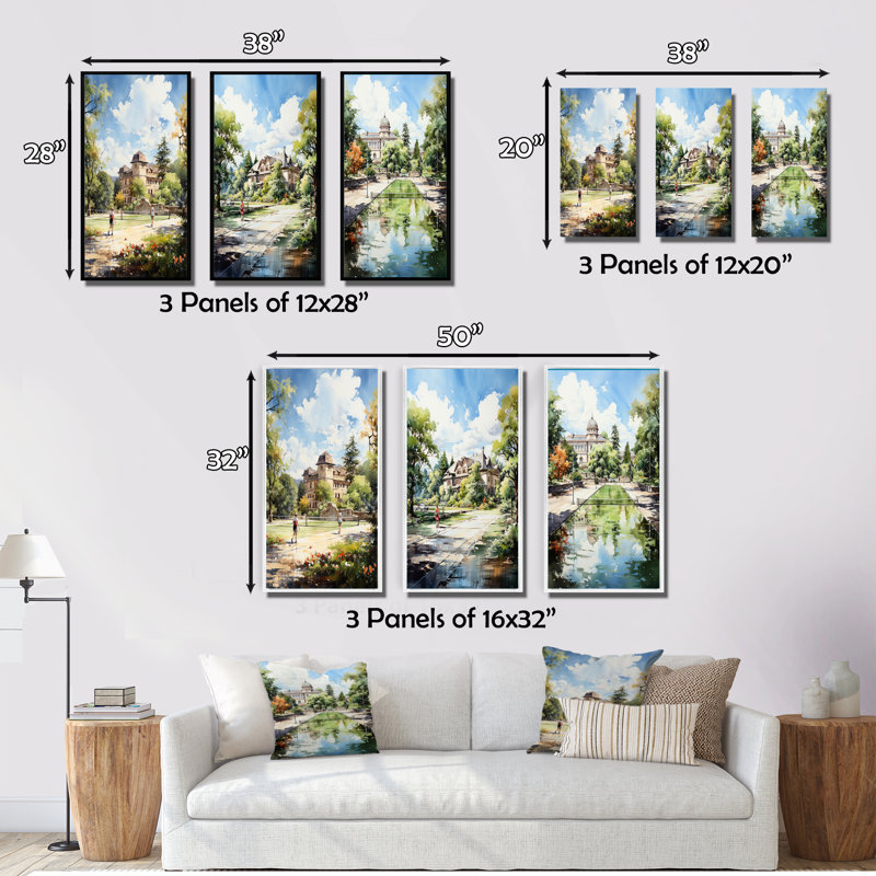 «Country Club Tennis Court», 3 pièces sur toile, Encadrement doré, H 40 po x l 60 po