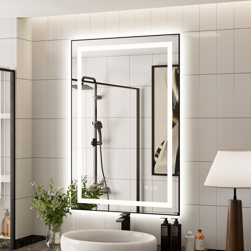  LED Black Framed Bathroom Mirror, Anti Fog, Front-lit and Back-lit 3 Color Dimmable Light, 32" x 24"