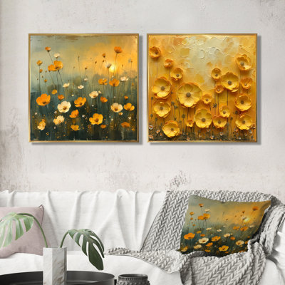 Yellow White Golden Hour Buttercups Field I - Buttercups Wall Art - Traditional Wall Art Canvas 2 Piece