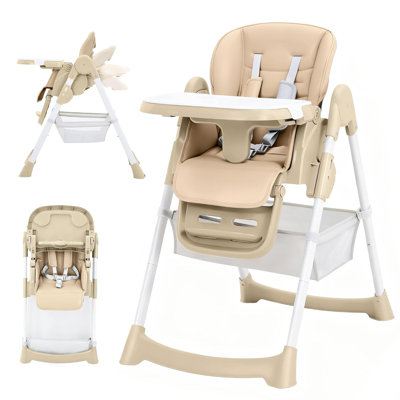 Baby High Chair, Foldable Portable Highchair for Babies and Toddlers with Adjustable Footrest & 5-Point Harness, Removable Tray, 7-Seat Height, PU Leather Cushion, for Ages 6-36 Months
