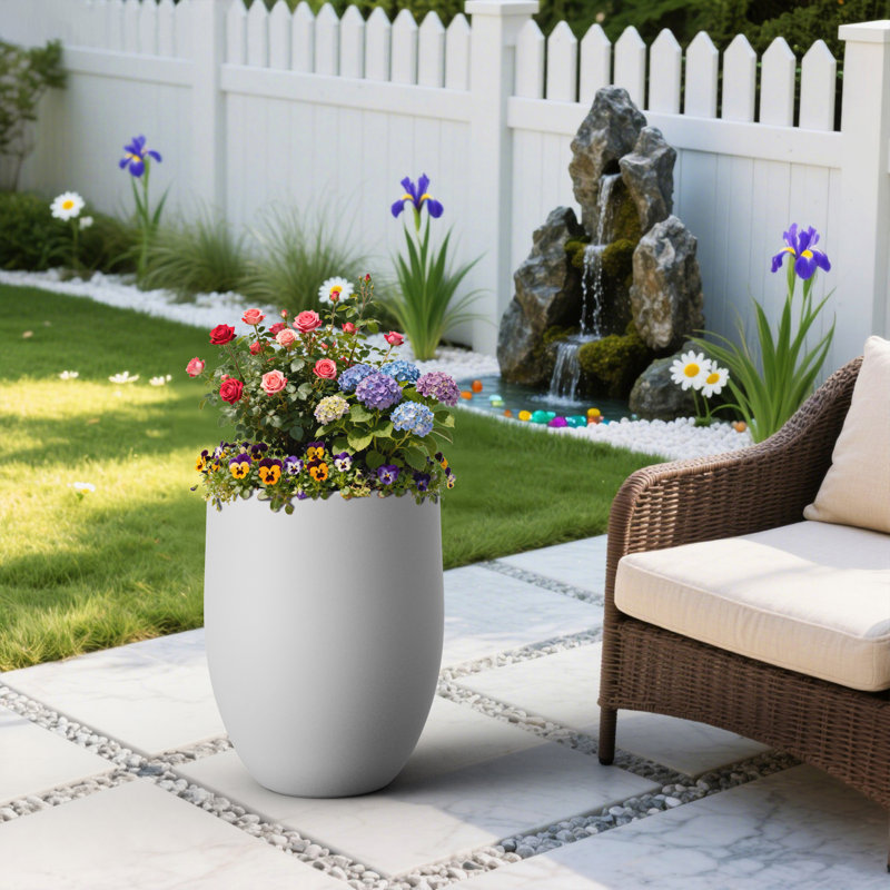 16" W x 21.5" H Concrete Tall Round Flower Planter Handcrafted Pearl White Large Plant Pots with Drainage Hole, White