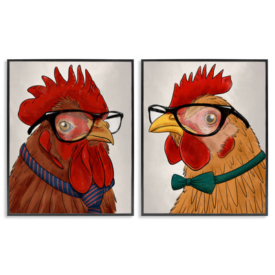 Ensemble de 2 giclées encadrées Quirky Hipster Roosters, design par Marcus Prime