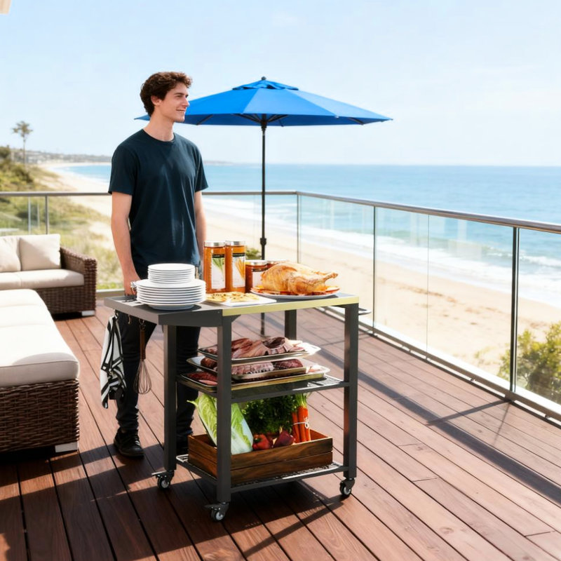 Chariot de barbecue pliable pour table d'appoint, plateau en acier inoxydable, trois crochets et deux tablettes grillagées, convient pour servir H 31,1 po