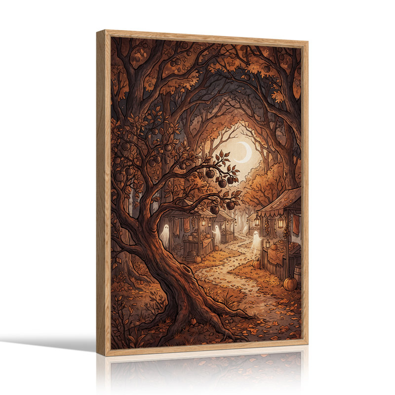 Fantômes au marché forestier d'automne sous un croissant, toile murale d'Halloween, 24"H x 18"W