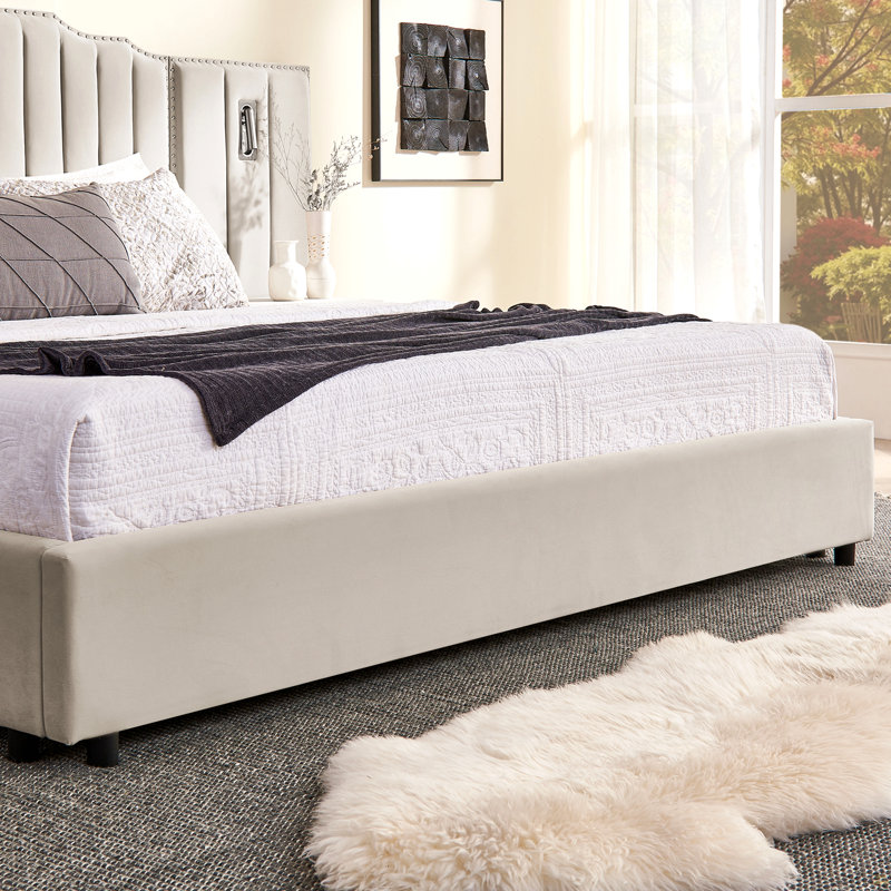 Très grande base de lit tapissier avec tissu en velours, Beige, Très grand lit