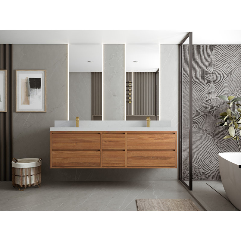 Madison Floating 72'' Double Bathroom Vanity with Quartz Top, Carrara Quartz