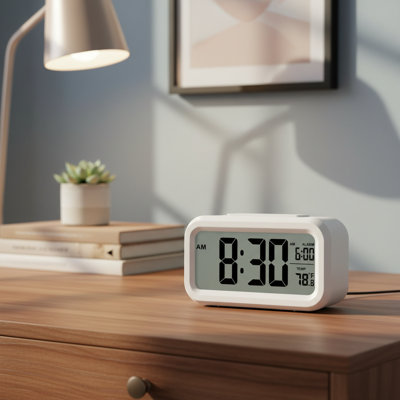 Desk Night Light Small Alarm Clock, White Digital Display, Battery-Powered With Room Temp