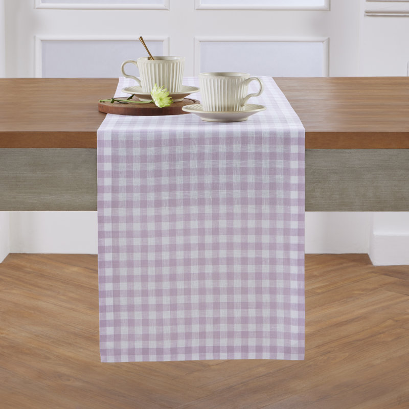 Gingham Checks - 100% Pure Linen Table Runner, 120" x 14", Lilac