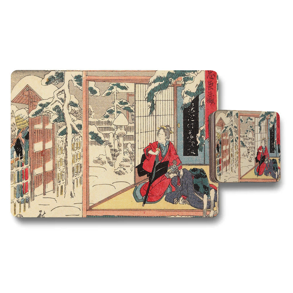 Ukiyo Inspired Placemat And Coaster Set Snow Scene Japanese Art