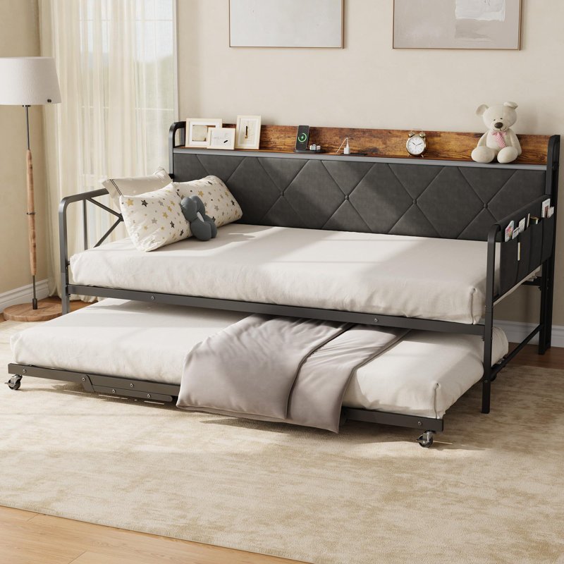  Daybed with Trundle and LED Light, Twin Size Bed Frame with Upholstered Headboard and Charging Station, Metal Frame Sofa Day Bed for Living Room, Bedroom and Guest Room, Black