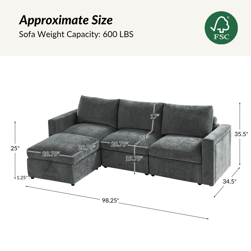 Canapé modulaire de rangement 4 pièces avec accoudoirs multifonctionnels Doulyn, Mélange de polyester gris